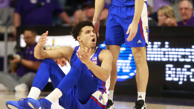 Kansas senior guard Kevin McCullar Jr. (15) reacts to a call in the first half of the Sunflower Showdown game against Kansas State inside Bramlage Coliseum Monday, February 5, 2024.  